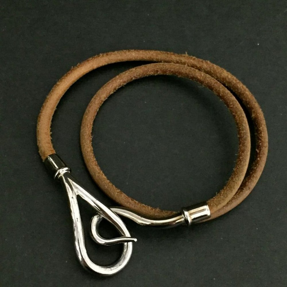 HERMES Jumbo Double Wrap Bangle Bracelet Leather Silver Brown Tone /tz0955